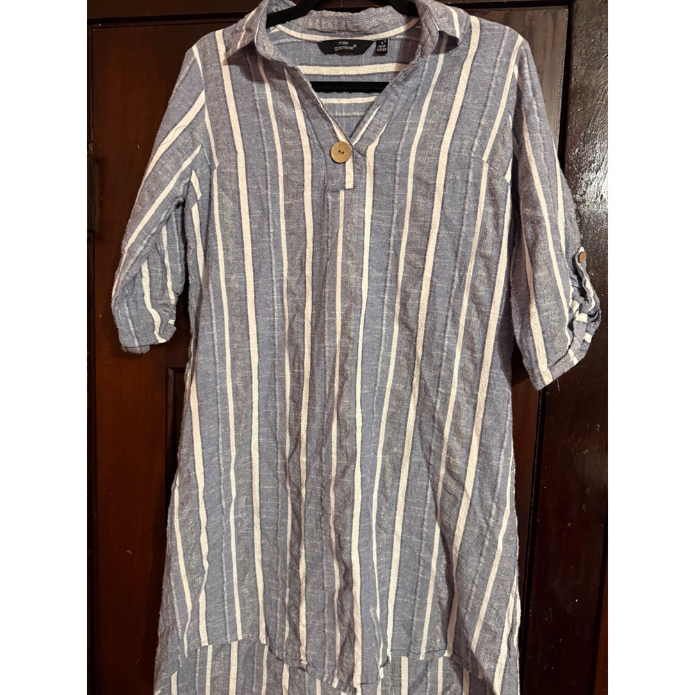 Mile Gabrielle Blue White Striped Cotton Shirt Dress Roll Tab Sleeve V-Neck S